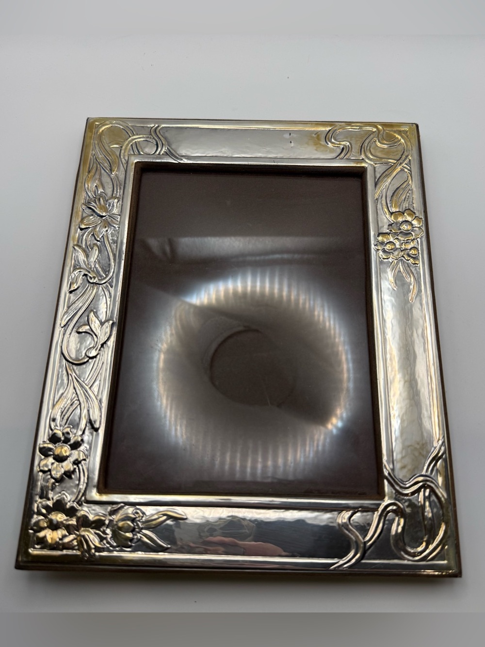 Art Nouveau Style Silverplate Picture Frame Repousse Daffodil 5x7 Velvet VTG
